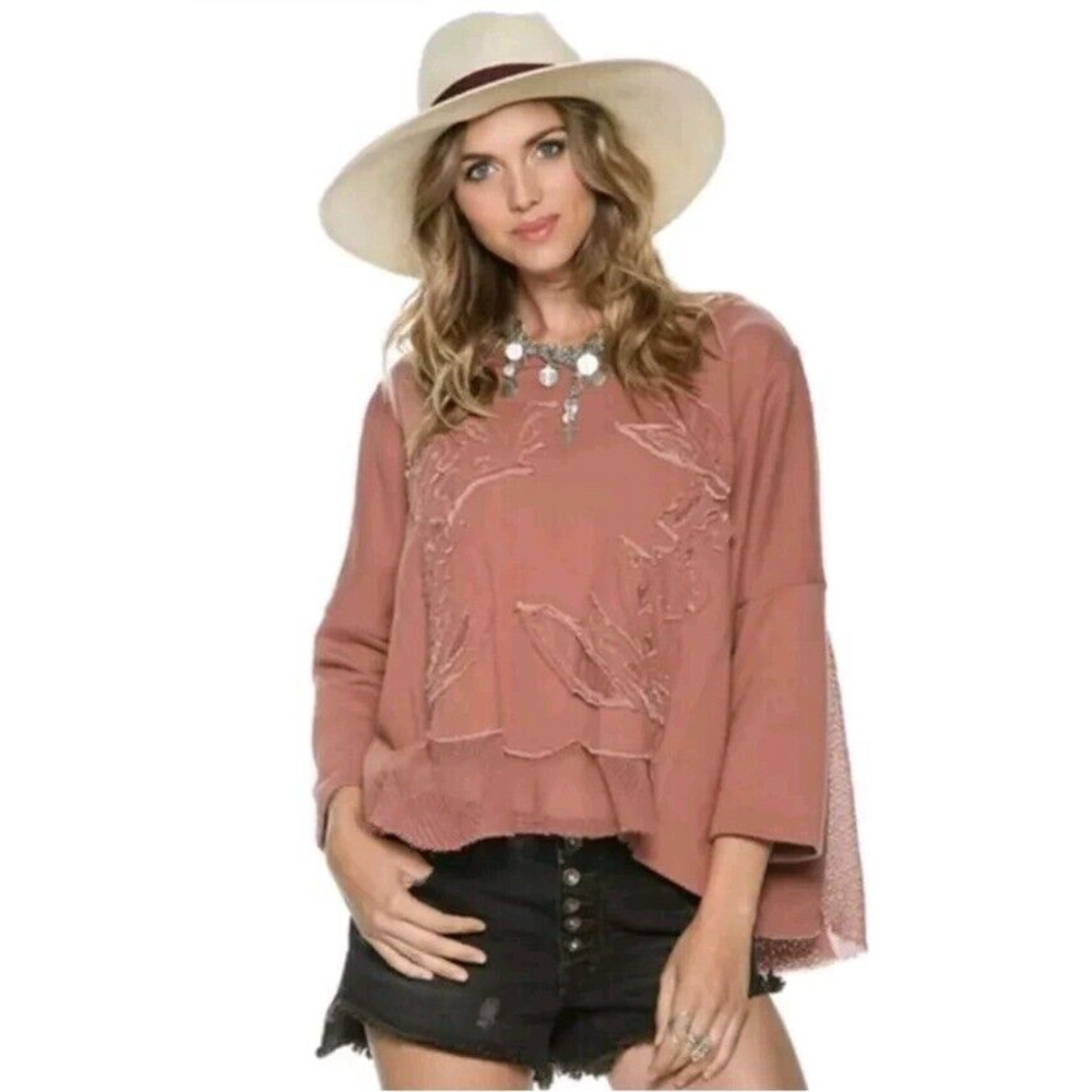 Free People‎ Rainforest French Terry Pullover Mauve Embroidered Oversized EUC XS